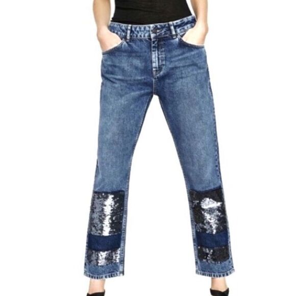 ZARA Basic Z1975 Cigarette Boyfriend Fit Sequin Ankle/Crop Jeans - Picture 1 of 7